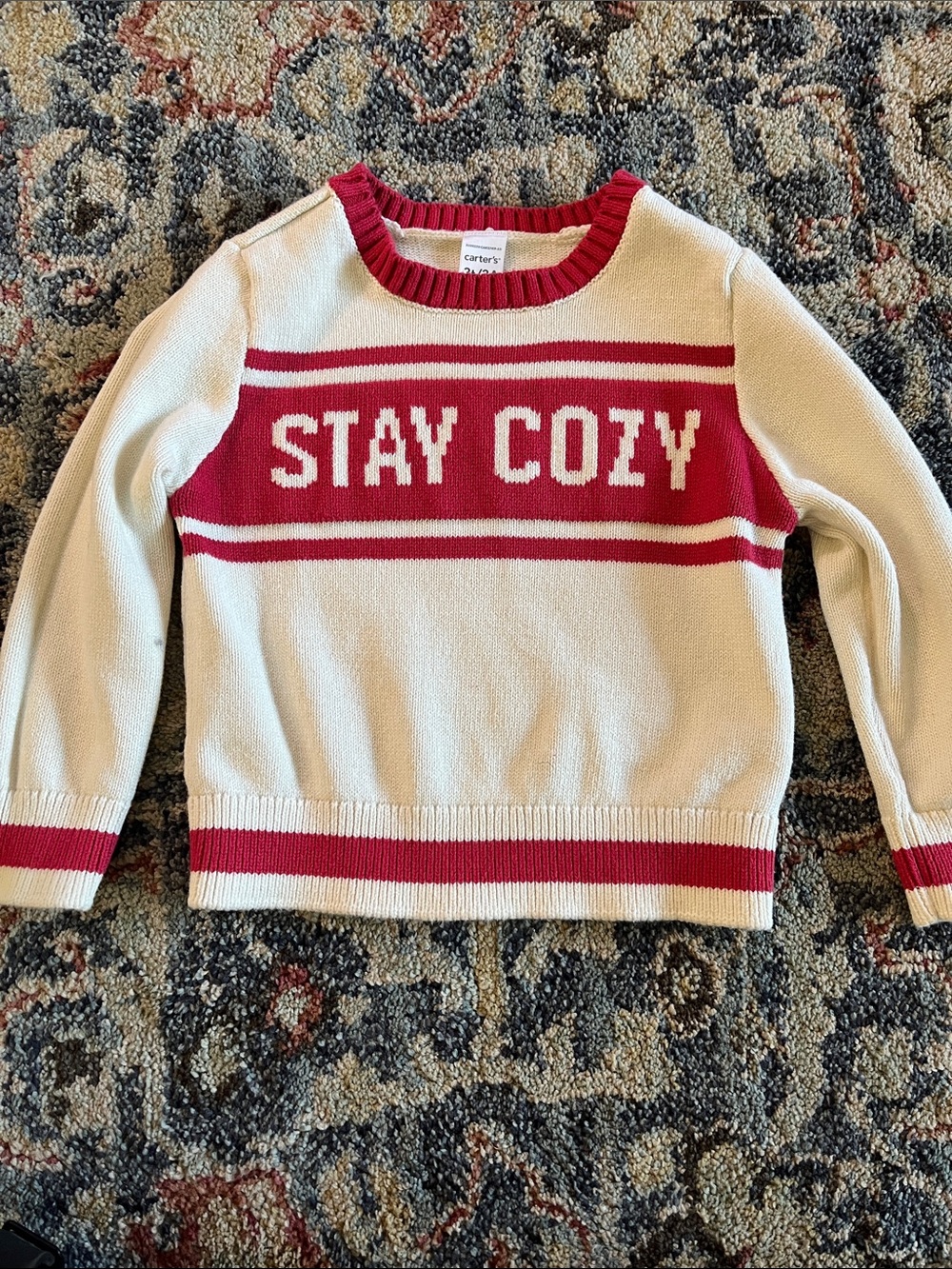 Carter's Cream Knit Sweater with Red "STAY COZY" Panel